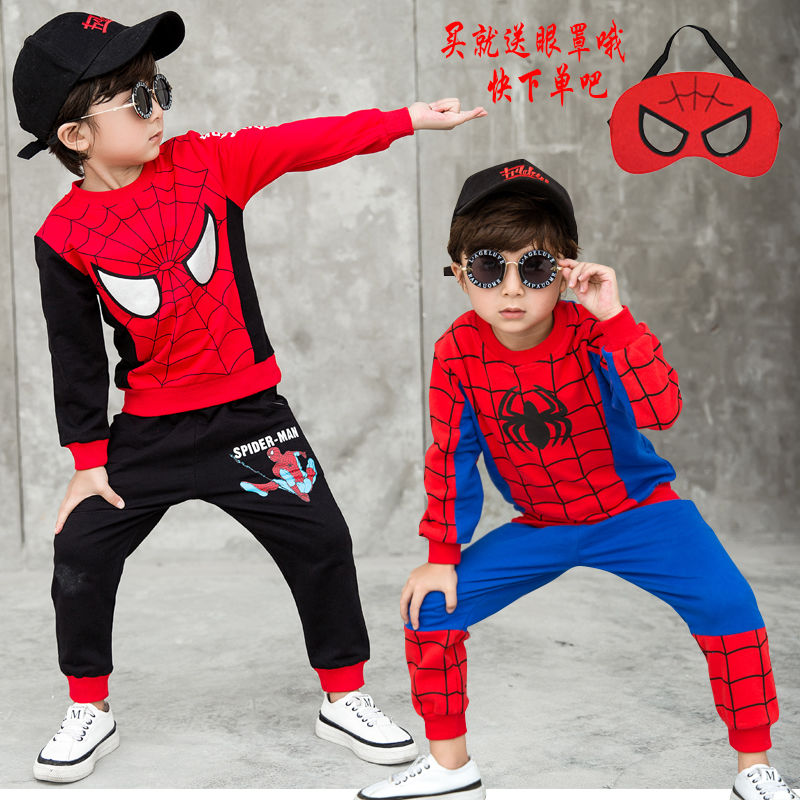 Spiderman children's wear boys' spring and autumn cotton long sleeve sports two piece children's suit winter Plush men's clothes