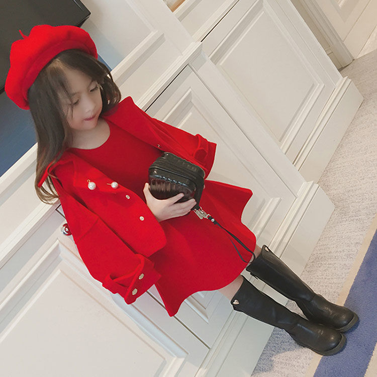 Girls' autumn and winter dress 2020 new woollen coat coat Red Princess dress vest skirt suit
