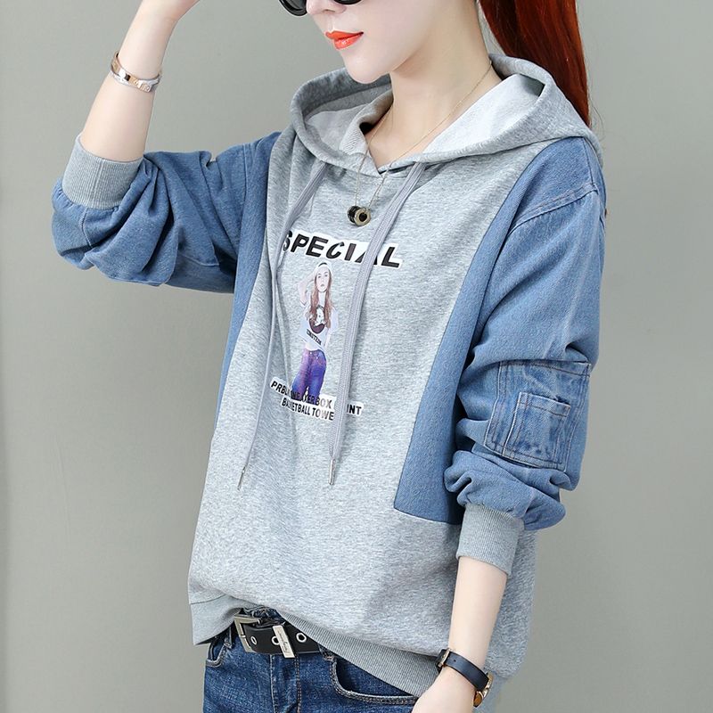 Denim splicing large size sweater women's new spring and autumn hooded Korean loose top simple short Pullover woman