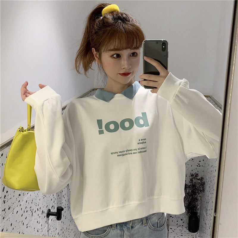 Autumn sweater women's 2019 new long sleeve loose short polo collar letter printed Korean ins student top