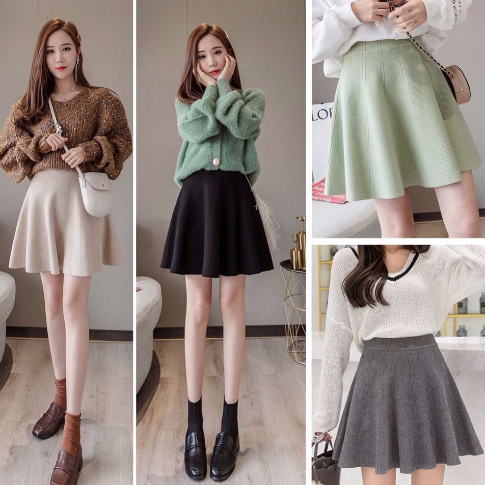 Short skirt women's autumn and winter new knitted skirt elastic high waist women's A-line pleated shawl skirt