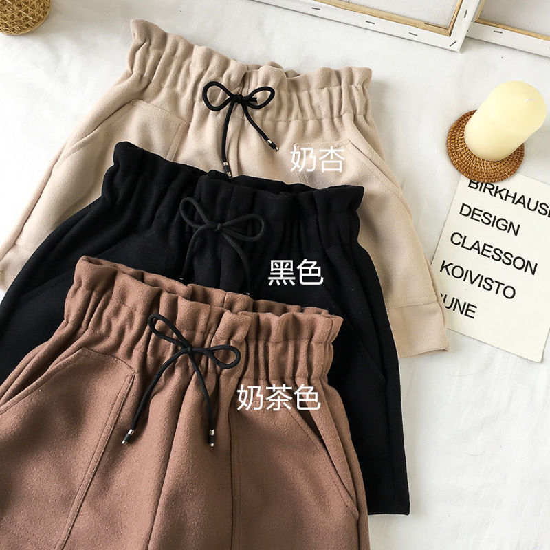 Autumn and winter large size high waist elastic woolen shorts women's thickened loose Wide Leg Pants Black A-line shorts