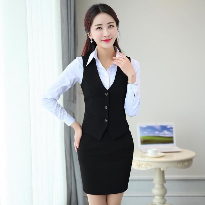 职业马甲女春秋新款修身短款背心女韩版西装马夹女酒店工作服套装
