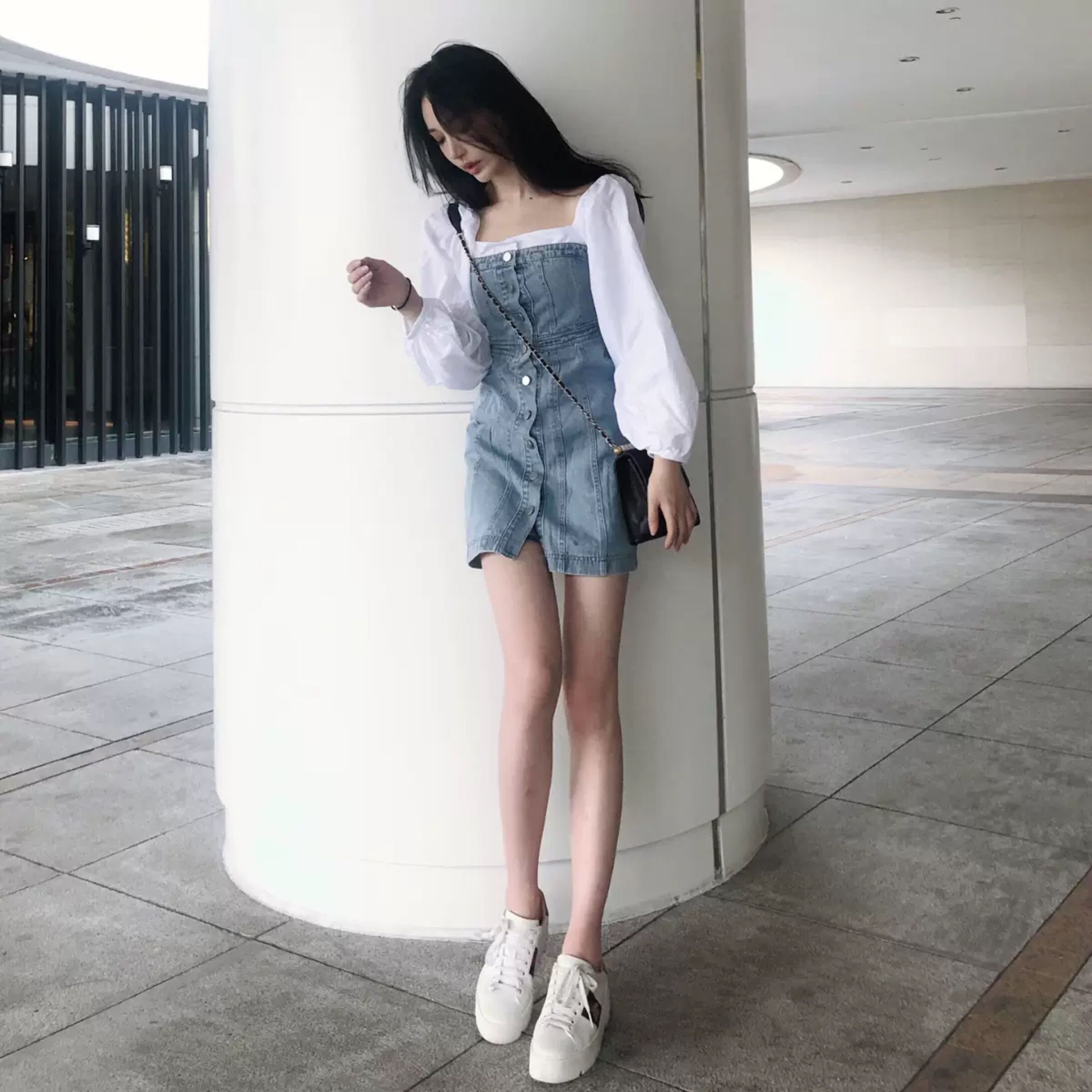 Fake two-piece dress 2020 LINA popular skirt Internet celebrity temperament splicing denim fashionable off-the-shoulder style