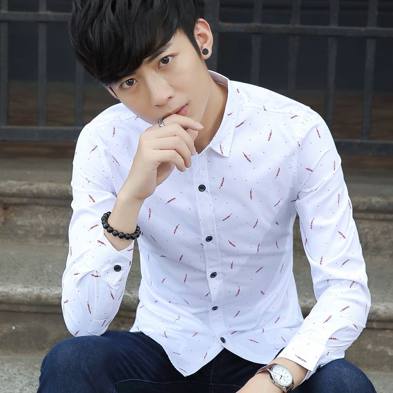 秋装新款韩版免烫休闲修身白色长袖衬衫男士帅气上衣服衬衣潮