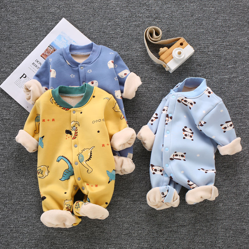 Baby's one-piece garment with plush and thickened autumn and winter baby's Khaki climbing suit newborn children's warm clothes 0 to 3 months old