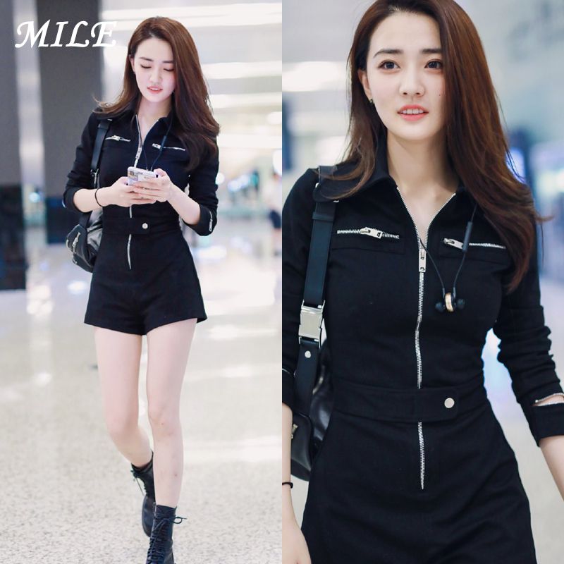 European station new style overalls female star Yang Mi same summer Jumpsuit shows thin black Jumpsuit trend