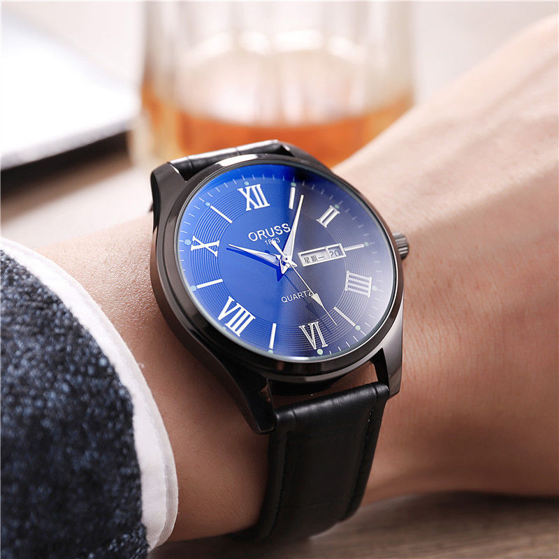 瑞士正品手表皮带男士手表超薄防水机芯表时尚夜光日历金男表学生