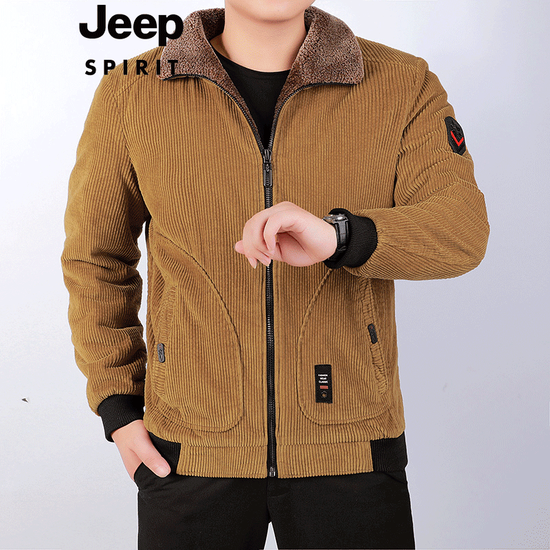 jeep灯芯绒棉衣男外套秋冬休闲加厚纯棉中年男士夹克衫加绒棉衣袄