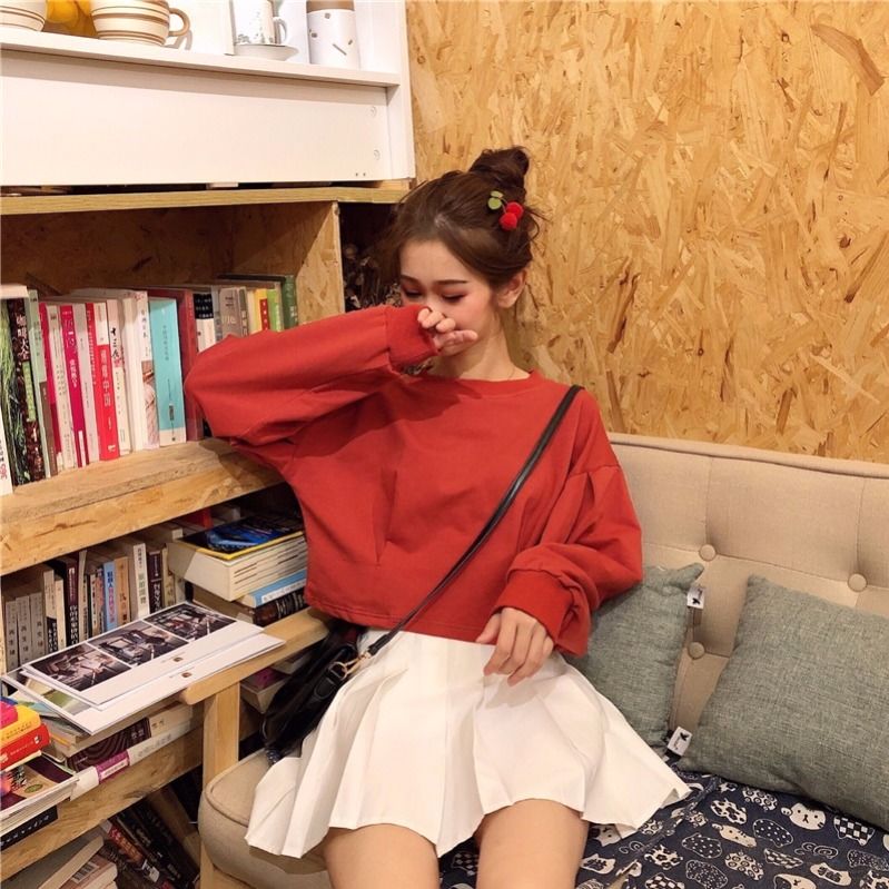 春秋上衣長袖韓版2023新款寬鬆百搭圓領收腰顯瘦短款T恤女學生