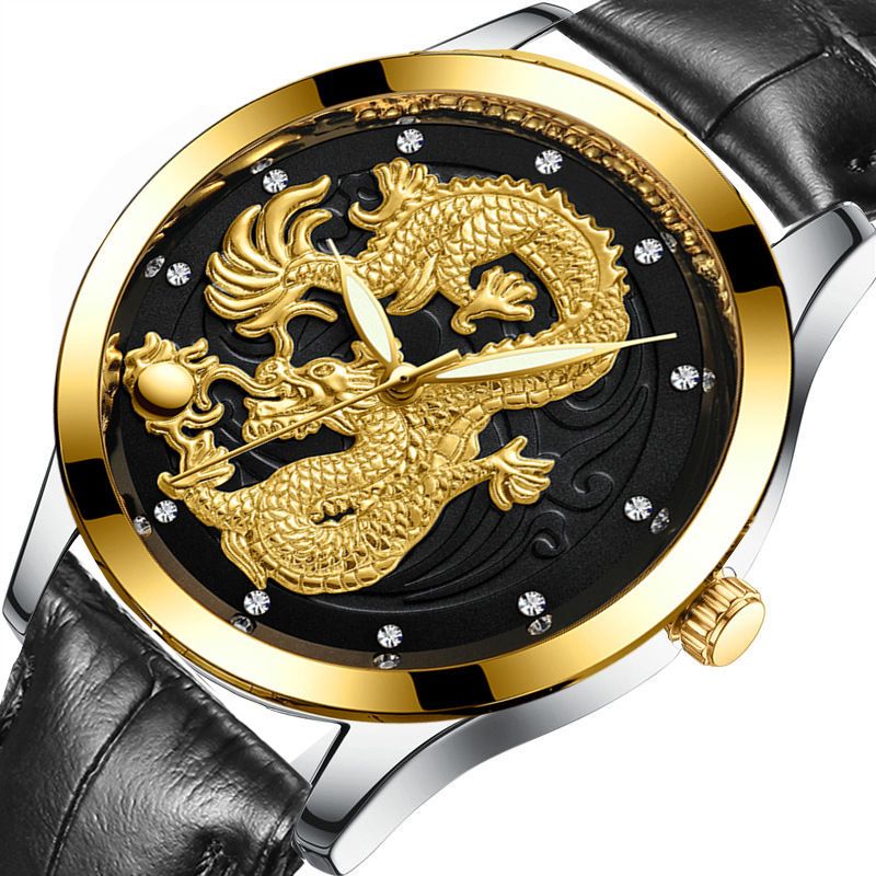 正品手表男中国风黄金色立体龙表全自动非机械防水夜光钢带超薄