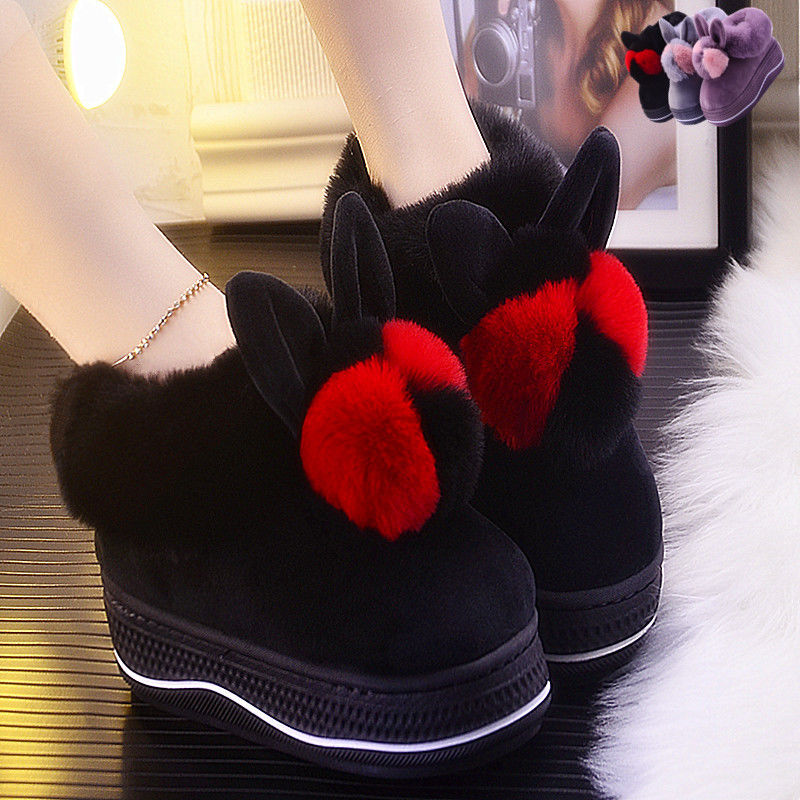 Winter 2020 women's cotton slippers with thickened soles, women's antiskid soft soles, two color wool ball Plush bag heel women's cotton slippers for home use