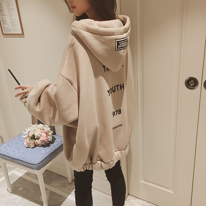 Autumn and winter Korean large size loose 200kg Plush thickened coat women's student hooded warm sweater cardigan [delivery within 12 days]