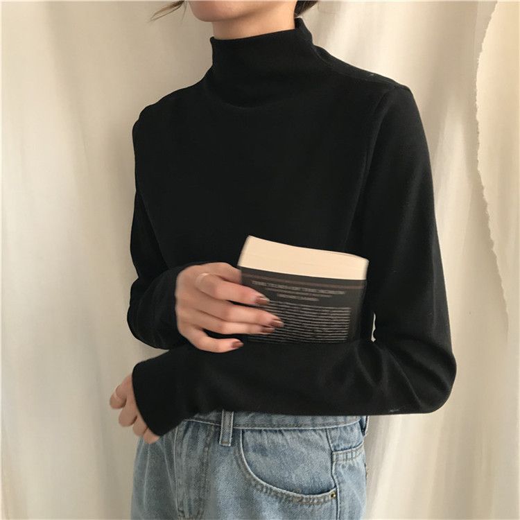 High collar bottom coat top women's autumn 2020 new versatile slim fit white foreign style black with long sleeve T-shirt