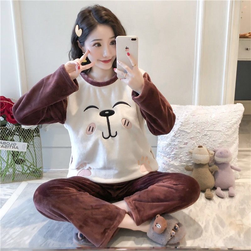 Autumn and winter thickened pajamas women's winter flannel long-sleeved cartoon student coral fleece cute Korean version home service suit
