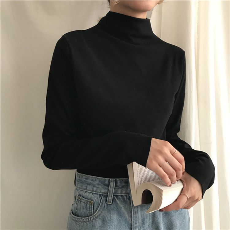 High collar base coat top women's autumn / winter 2020 new style versatile, slim, foreign style, solid color with long sleeve T-shirt