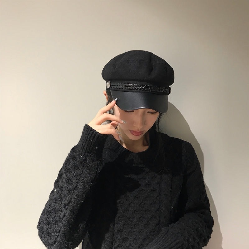 Net red beret female autumn and winter Korean Japanese fashion British octagonal hat versatile breathable wool FLAT TOP NAVY HAT