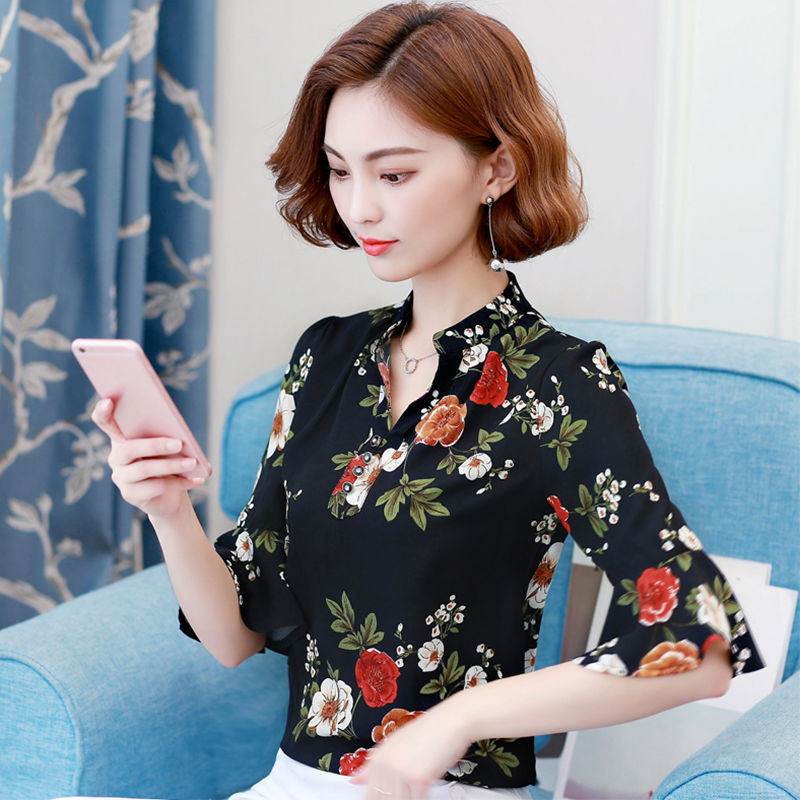 襯衫女中袖2022夏裝新款百搭V領印花打底衫時尚上衣洋氣雪紡衫t恤