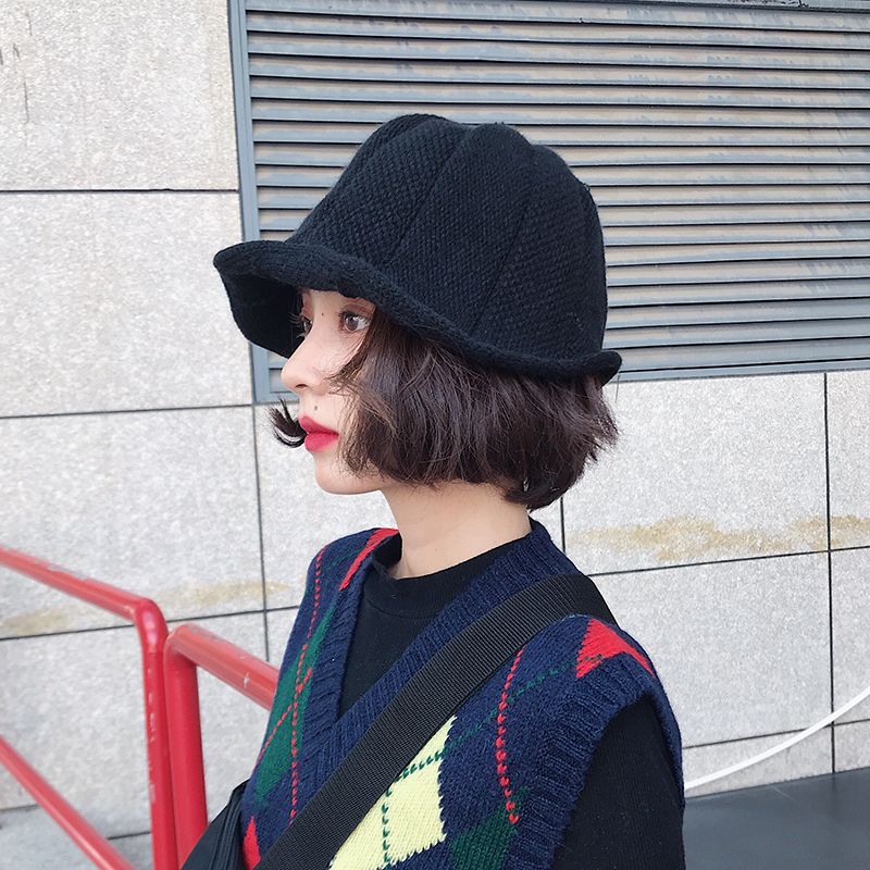 New fisherman's Hat Women's autumn and winter basin hat Korean Ruffle knitted warm wool hat Japanese versatile top hat