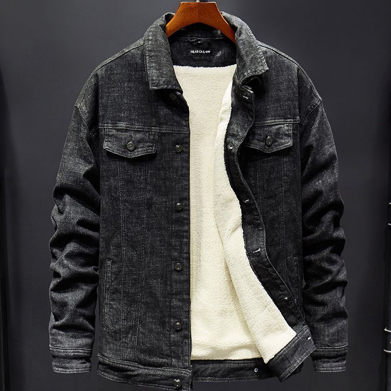 秋冬加绒加厚牛仔外套男士风衣中长款大码宽松水洗牛仔衣衣服男