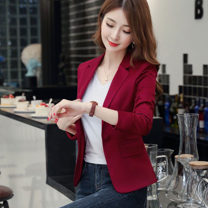 Red Small Suit Women's Short  New Autumn Korean Style Ladies Slim Western Style Slim Casual Suit Jacket