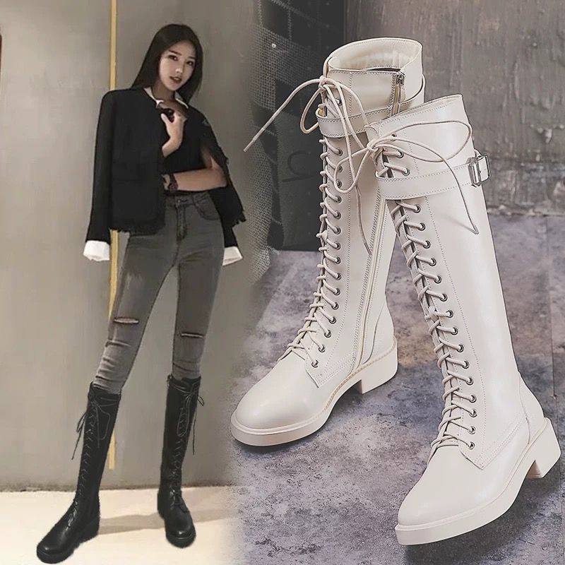 2020新款冬季不过膝长靴平底长筒骑士靴女系带高筒靴侧拉链女靴子