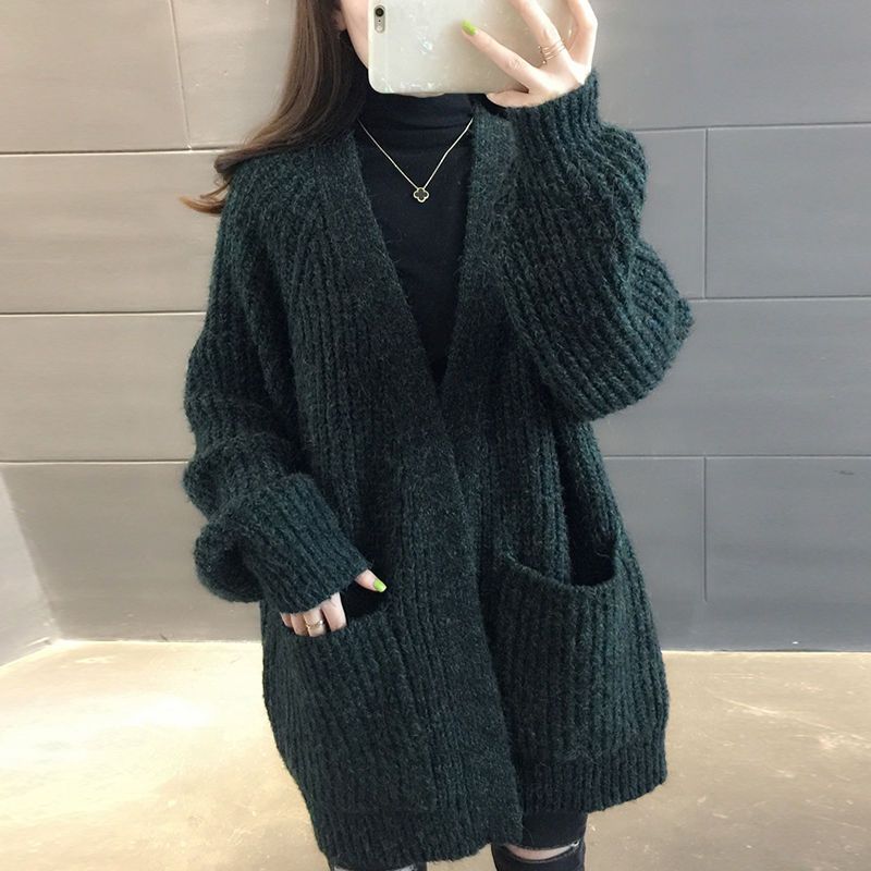 Button / no button] cardigan coat women's mid length heavy Korean loose and lazy knitted cardigan