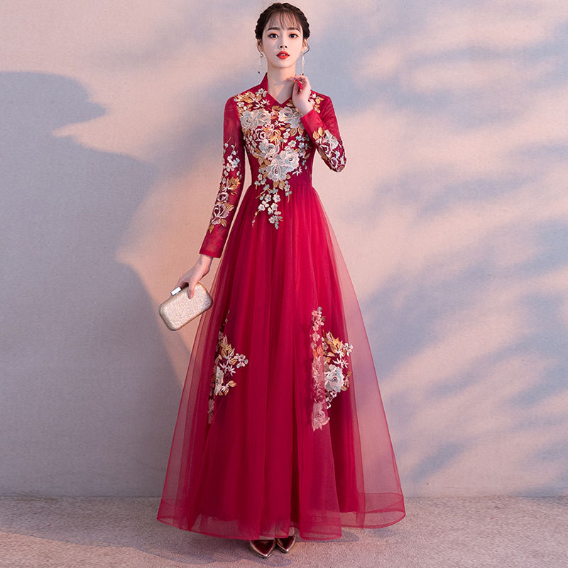 敬酒服新娘2022春秋红色结婚现代中式立领修身显瘦长款旗袍晚礼服