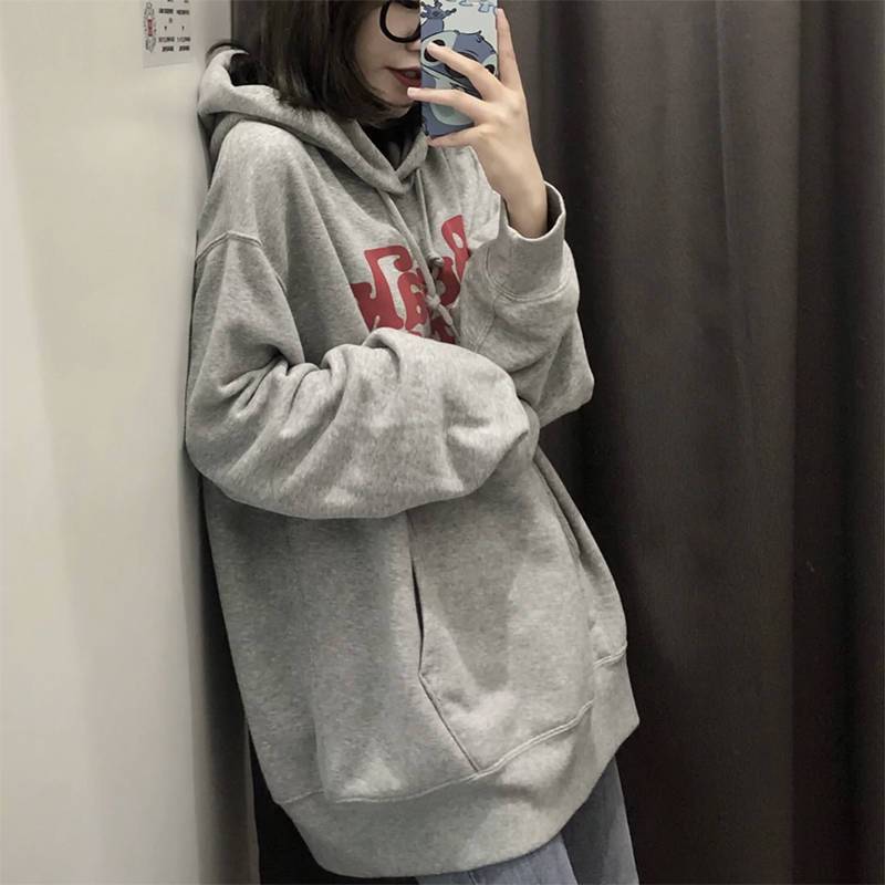 Winter sweater long sleeve plush red letter print student female Korean loose Hoodie thickened coat female