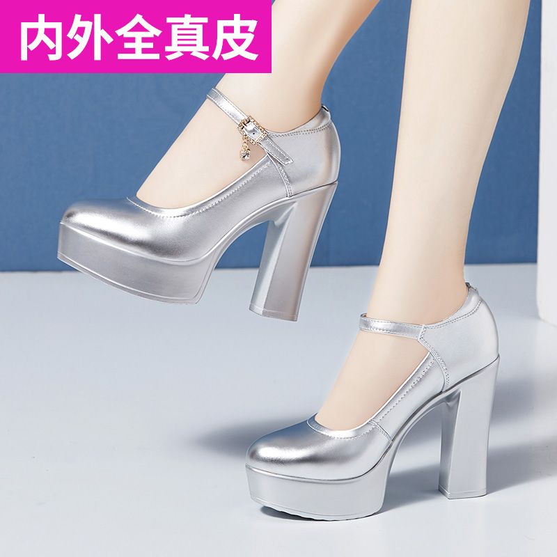 银色粗跟一字扣旗袍走秀鞋防水台模特厚底高跟鞋女鞋软真皮松糕底