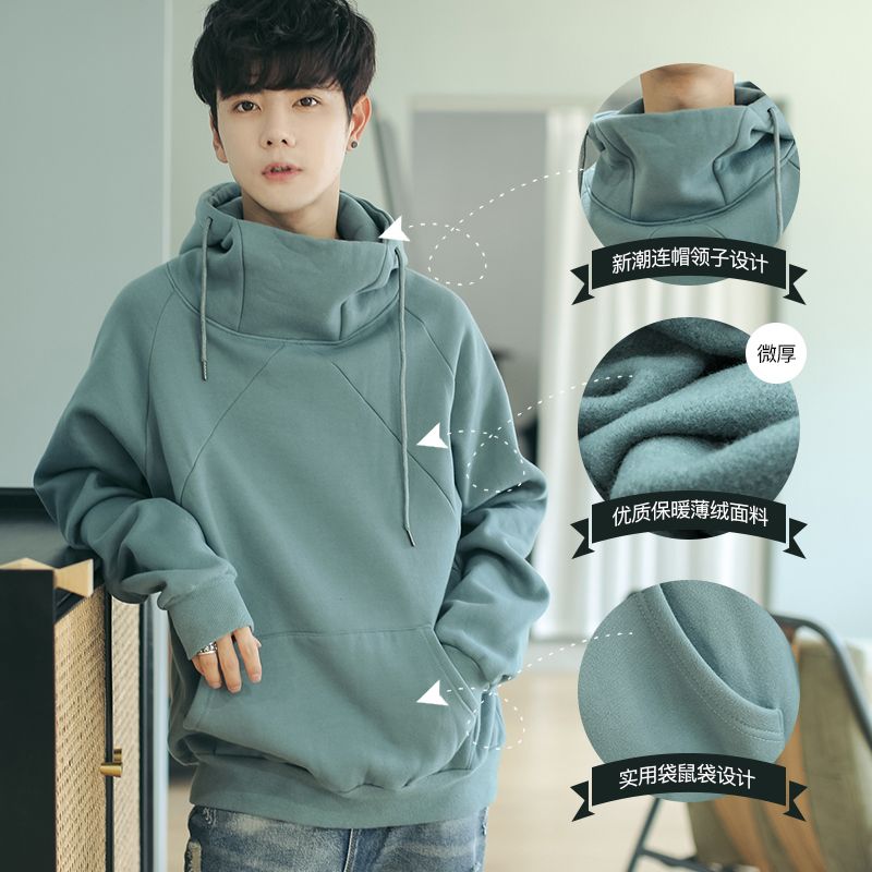 Hooded sweater men's winter Plush thickened Korean version trend loose student couple high collar sweater couple trendy coat
