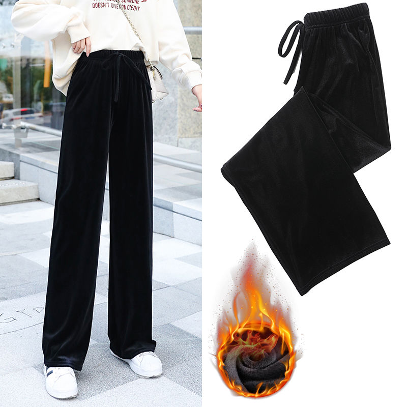 Black sports pants autumn and winter new velvet wide leg pants women's floor dropping loose straight tube high waist casual pants