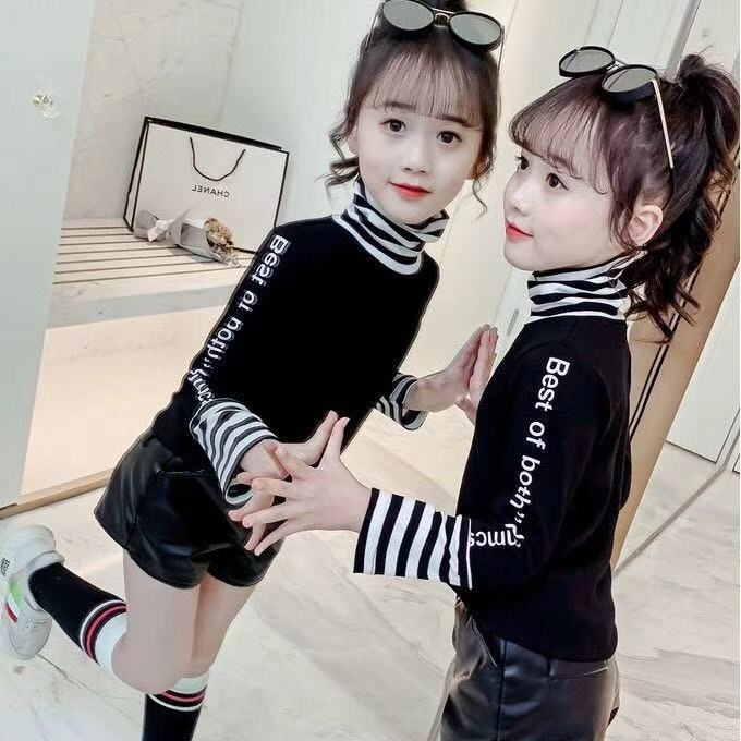 Girls' middle school children's autumn winter Plush bottomed T-shirt 2020 new Korean thickened long sleeve T-shirt with high collar