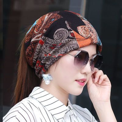 帽女春季秋季韩版多功能头巾帽骑车套头帽脖套印花堆堆帽扎马尾帽