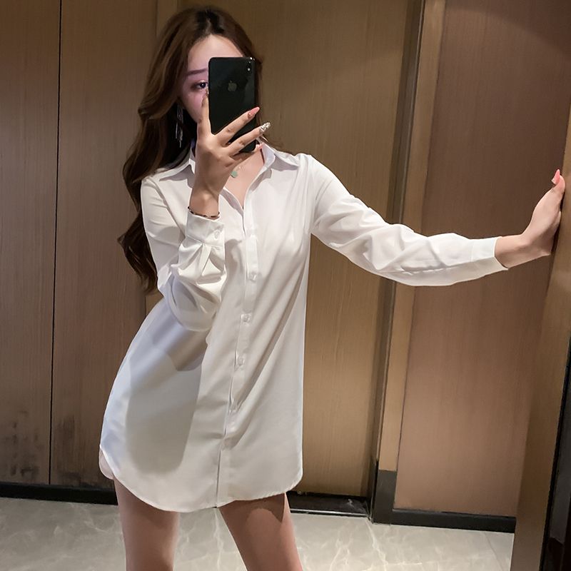 Han Fan sunscreen long sleeve white shirt sexy Pajama skirt bottom coat women's loose medium length versatile shirt