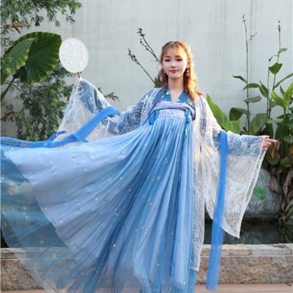 汉服女鲛人泪蓝色魏晋中国风齐胸襦裙广袖古装超仙气飘逸古风学生