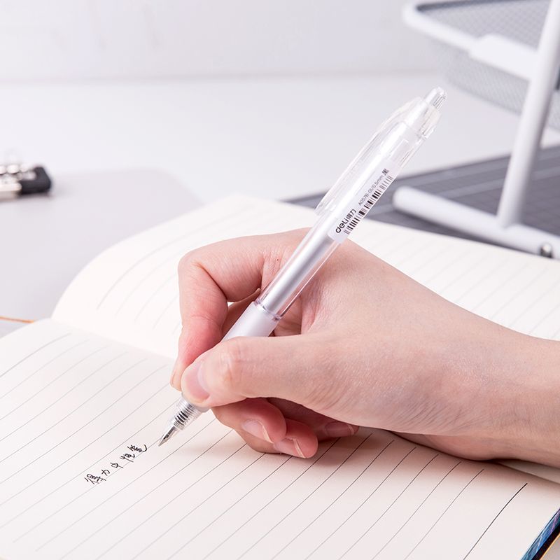 得力按动中性笔学生用按动签字笔ins简约冷淡风透明笔杆小清新笔
