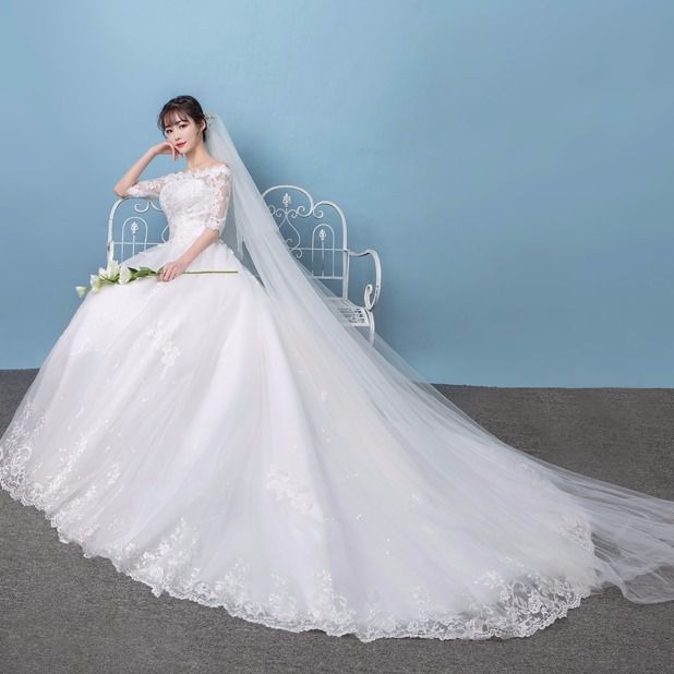 一字肩婚纱礼服新娘梦幻长拖尾韩式大码显瘦长袖婚纱2022新款春季