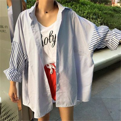72170/春秋季韩版潮女装韩国ulzzang原宿风BF宽松学生条纹长袖防晒衬衣