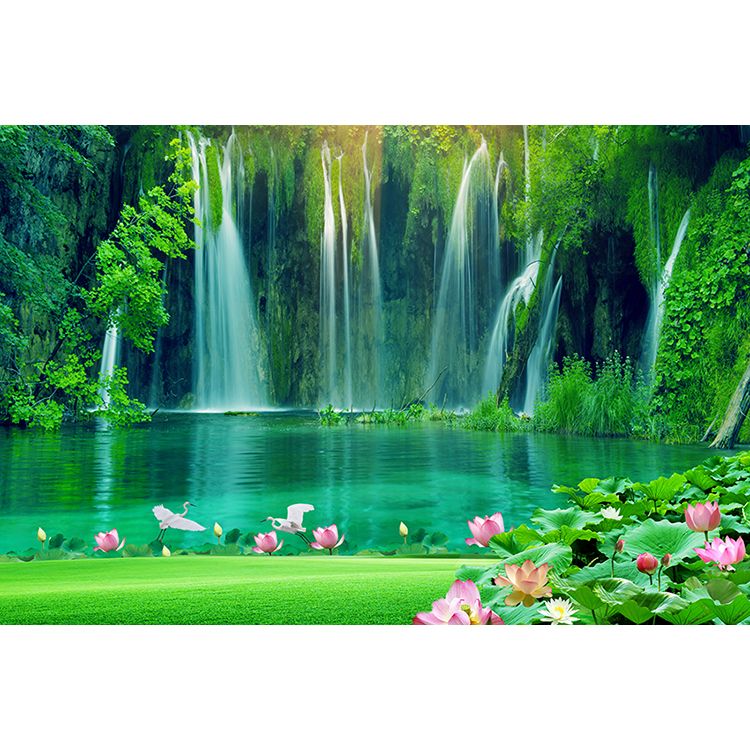山水风景画 瀑布流水生财 风水画荷花装饰画聚财壁画绿色护眼自粘