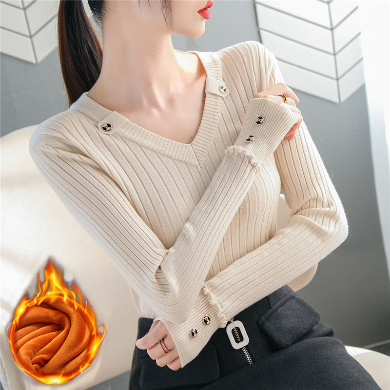 Plush V-Neck Sweater for women autumn and winter new Korean version long sleeve button ear edge knitted bottoming shirt with top