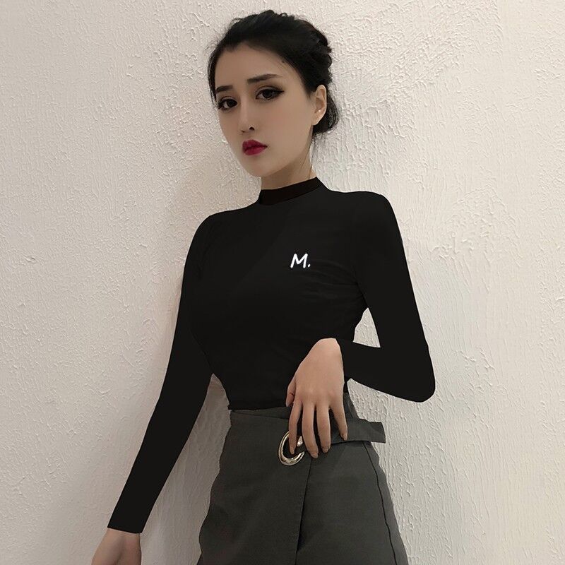 Black half-high collar bottoming shirt women's long-sleeved autumn and winter thin section mid-collar t-shirt student tight slimming top trendy
