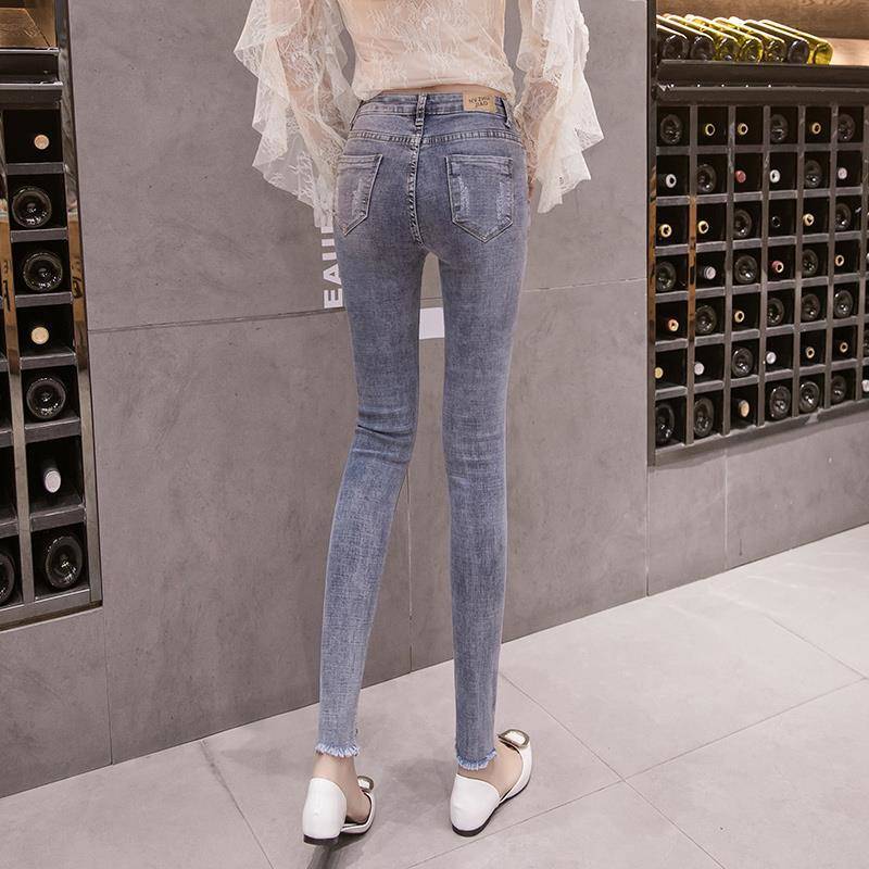 Ripped jeans women's pencil pants new slim high waist elastic self-cultivation fashion all-match net red pencil nine-point pants