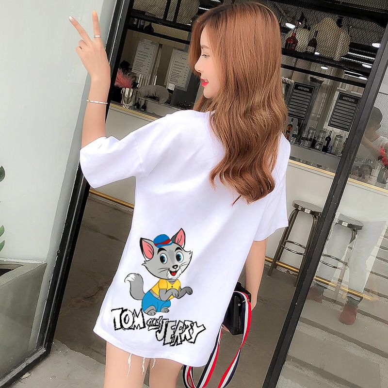 Short sleeve t-shirt female New Korean version middle long student loose and thin summer cartoon half sleeve top women's bottom coat