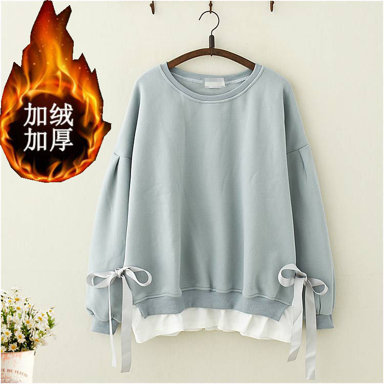 Japanese Mori girl autumn winter sweet ribbon Pullover long sleeve sweater student girl loose Plush bottomed top