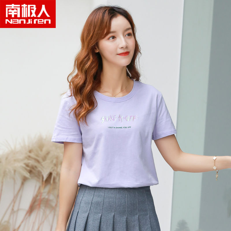 南极人100%纯棉短袖t恤女士2022韩版新款cec宽松学生小衫夏装圆领