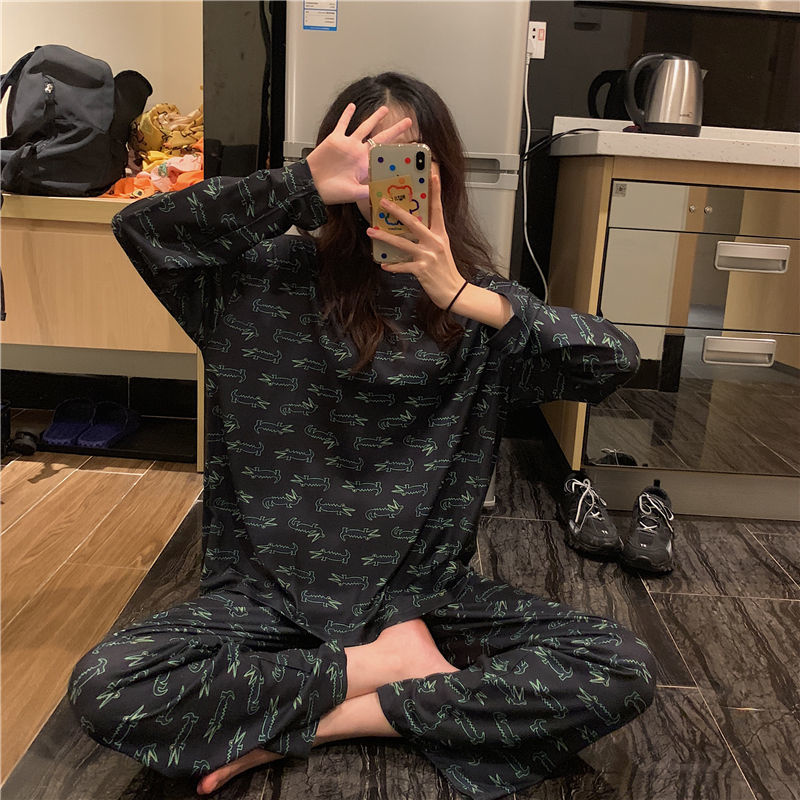 Autumn new fashion Korean loose long sleeve spring and autumn pajamas women's suit autumn winter pajamas home clothes two piece set