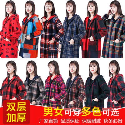 77255/剪毛绒罩衣成人长袖加绒加厚护衣外穿工作服厨房围裙女反穿衣秋冬