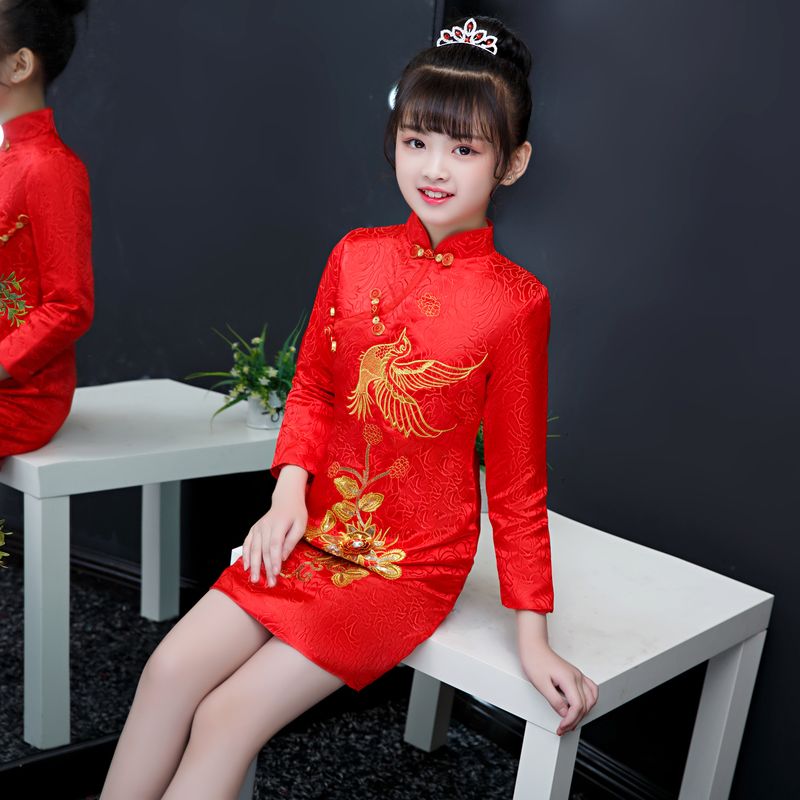 儿童旗袍秋冬礼服民族风女童唐凤凰刺绣加厚洋气红色10岁新年服