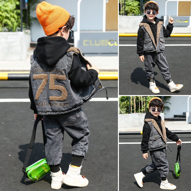 Boys' spring autumn winter suit 20 years new foreign style boy spring and autumn winter plush plush handsome jeans three piece suit fashion